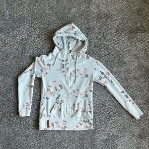 AMPERSAND AVE Light Gray Floral Hoodie with Pink Accents